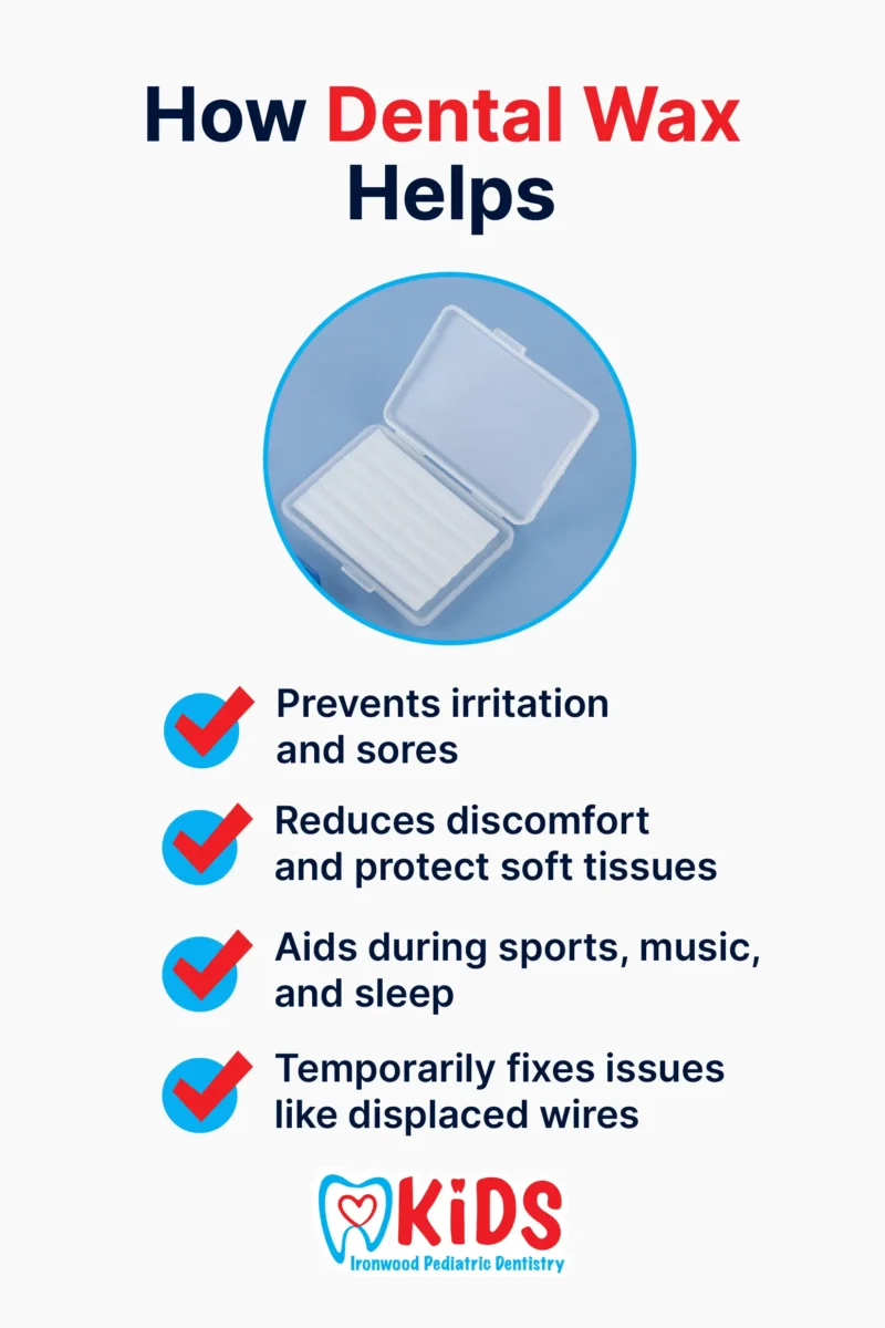 An infographic listing the ways wax can help children with braces.