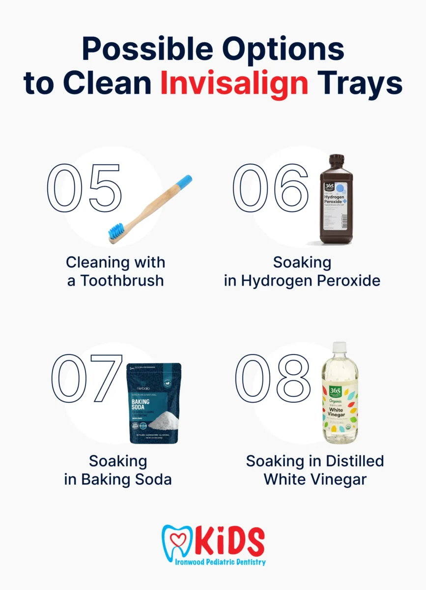 A custom graphic listing possible ways to clean Invisalign trays.